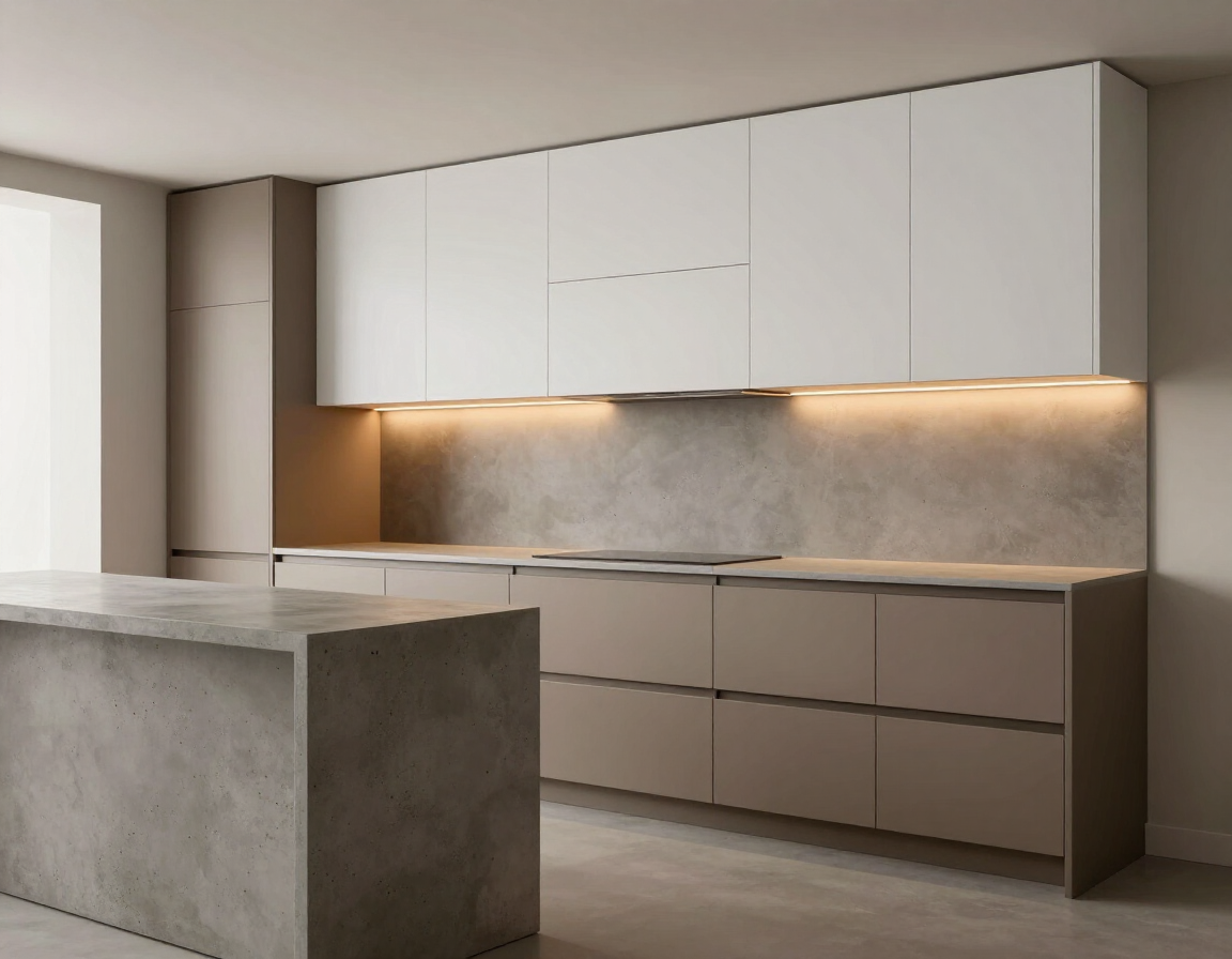 Contemporary kitchen with taupe lower cabinets and concrete countertops