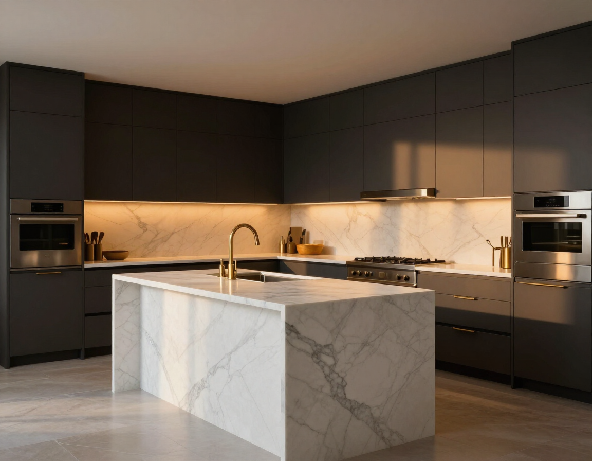 Luxury kitchen with charcoal custom cabinets and marble island