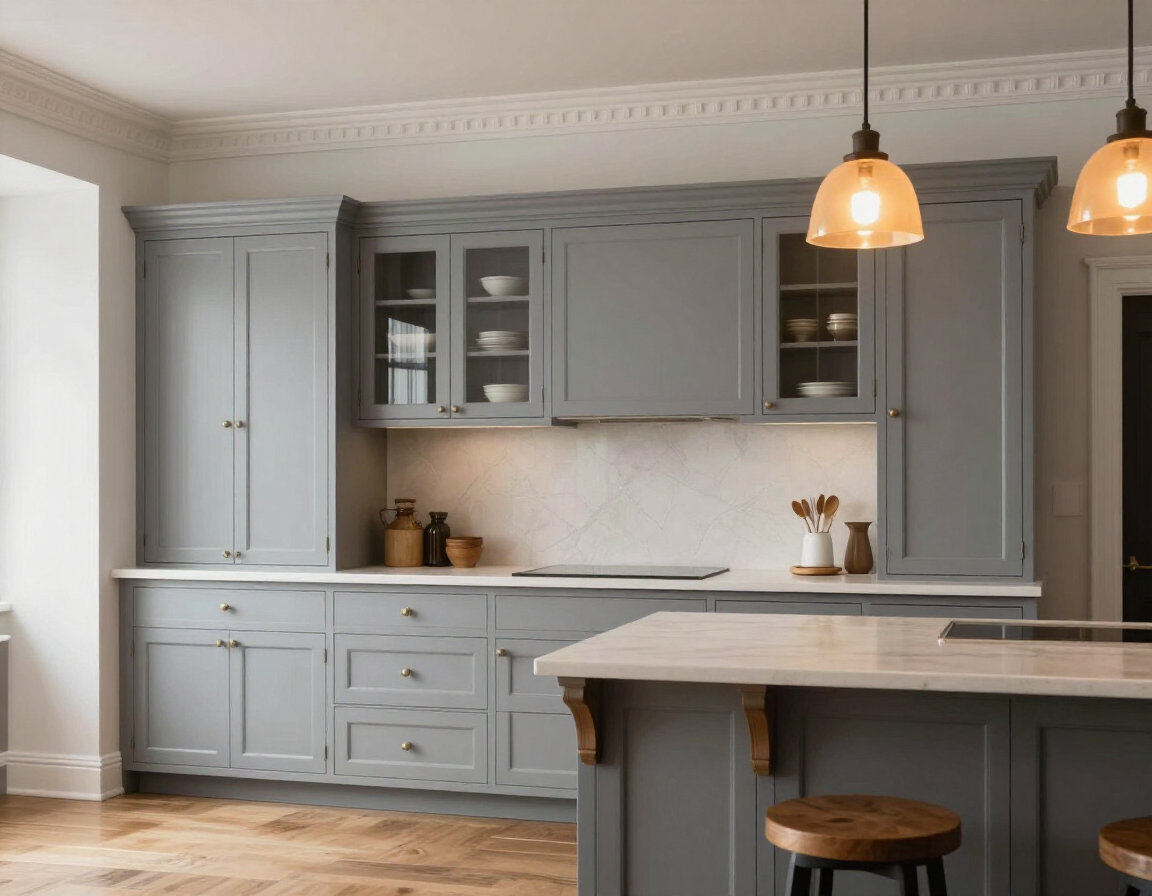 Traditional kitchen with soft gray raised-panel cabinets