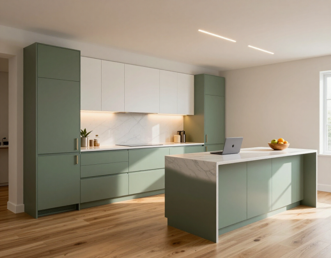Contemporary kitchen with sage green lower cabinets and white uppers