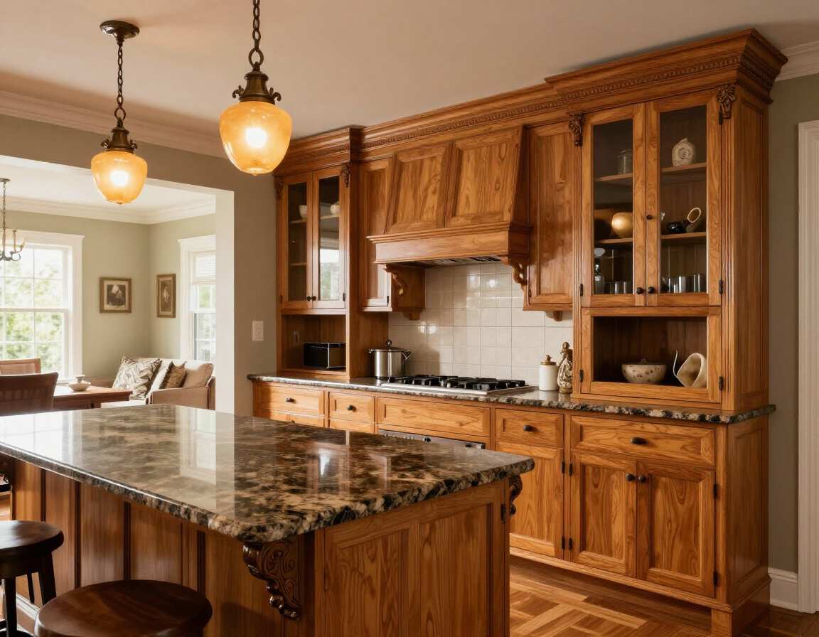 Traditional kitchen with honey oak cabinets and ornate island