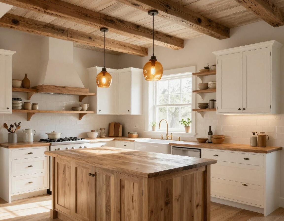 Farmhouse kitchen with warm white shaker cabinets and apron sink