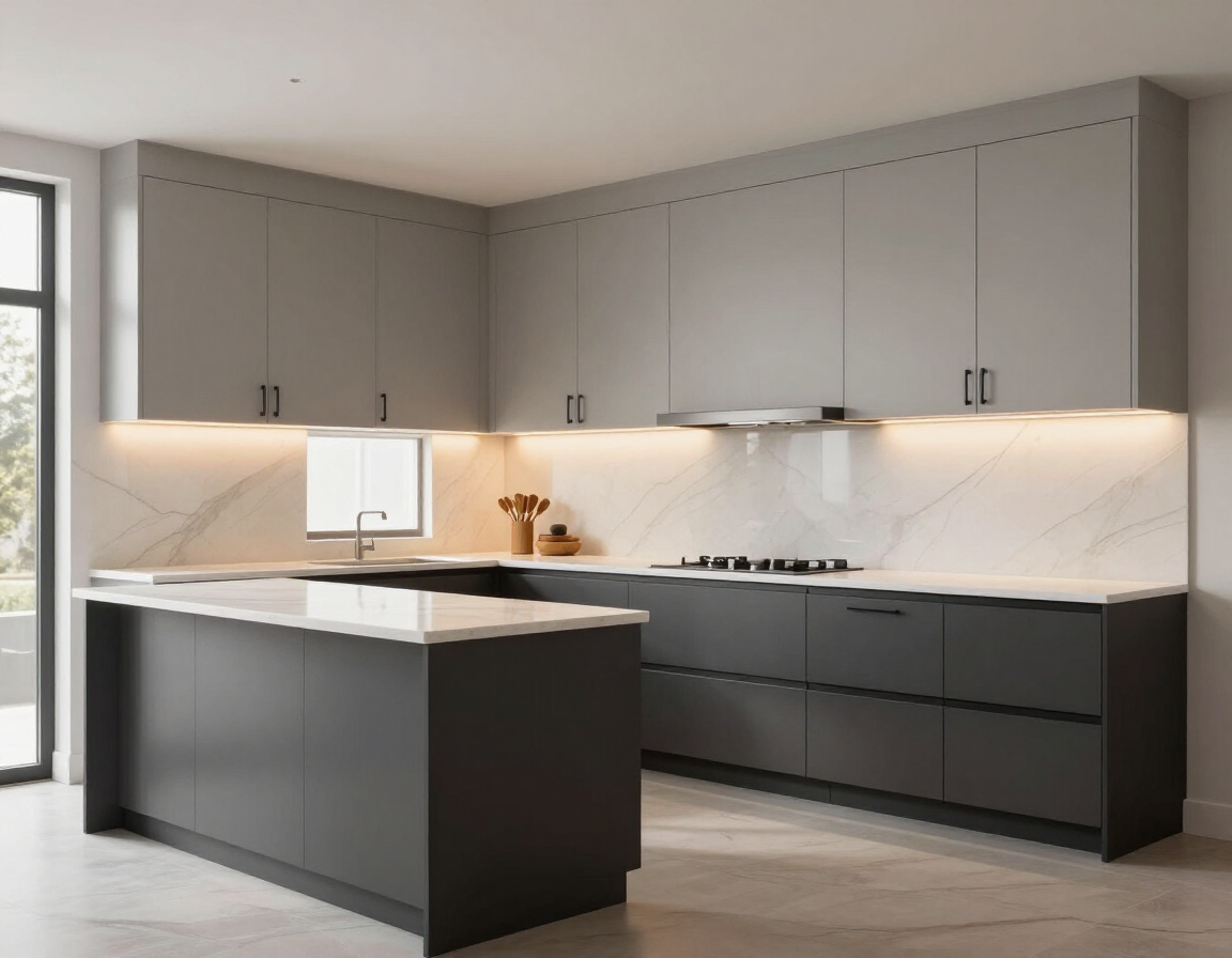 Contemporary two-tone kitchen with bar-pull hardware and LED lighting