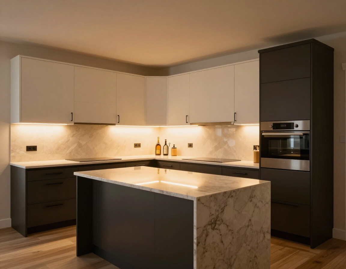 Contemporary kitchen with dark lower and white upper cabinets