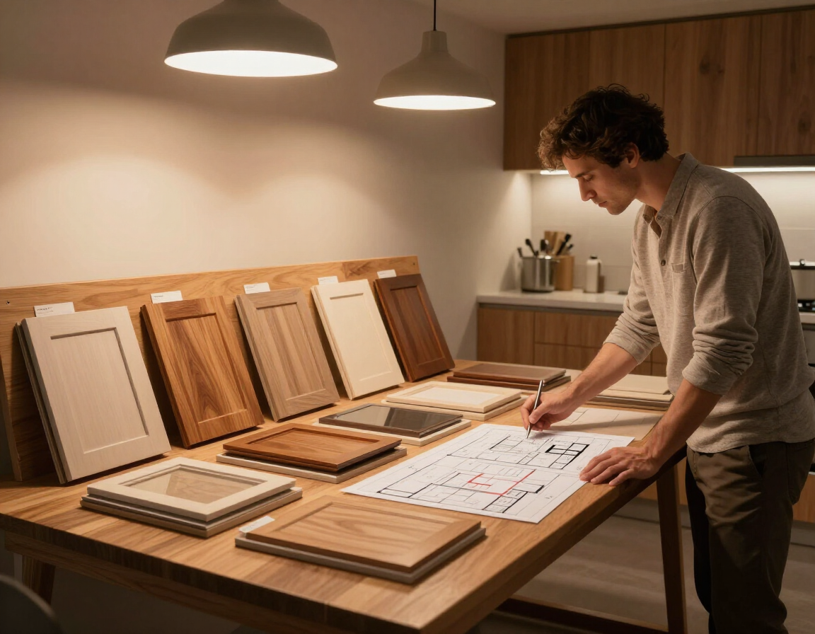 DCS kitchen designer reviewing cabinet samples and floor plans