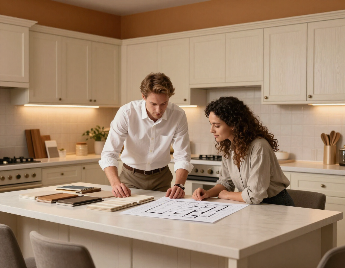 Kitchen designer with homeowner reviewing cabinet samples