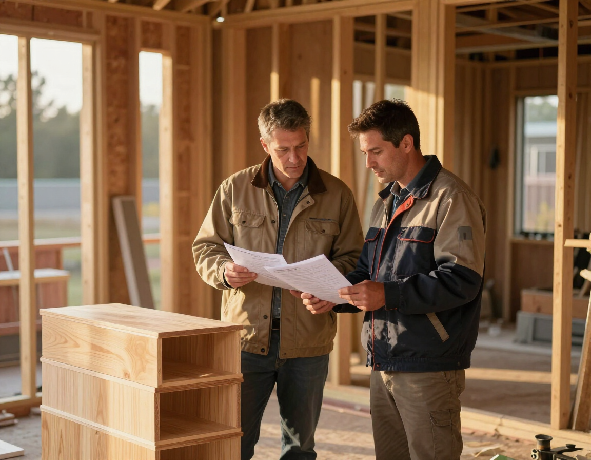 Contractor reviewing cabinet specifications on job site