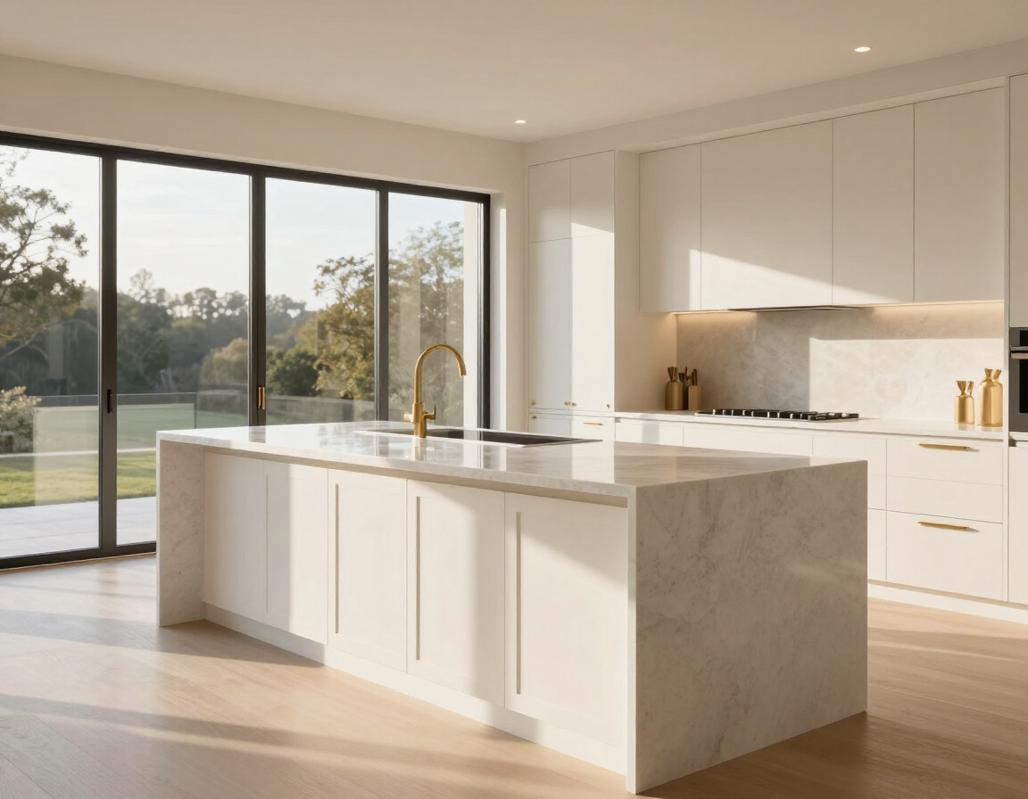 Modern white shaker kitchen with waterfall island