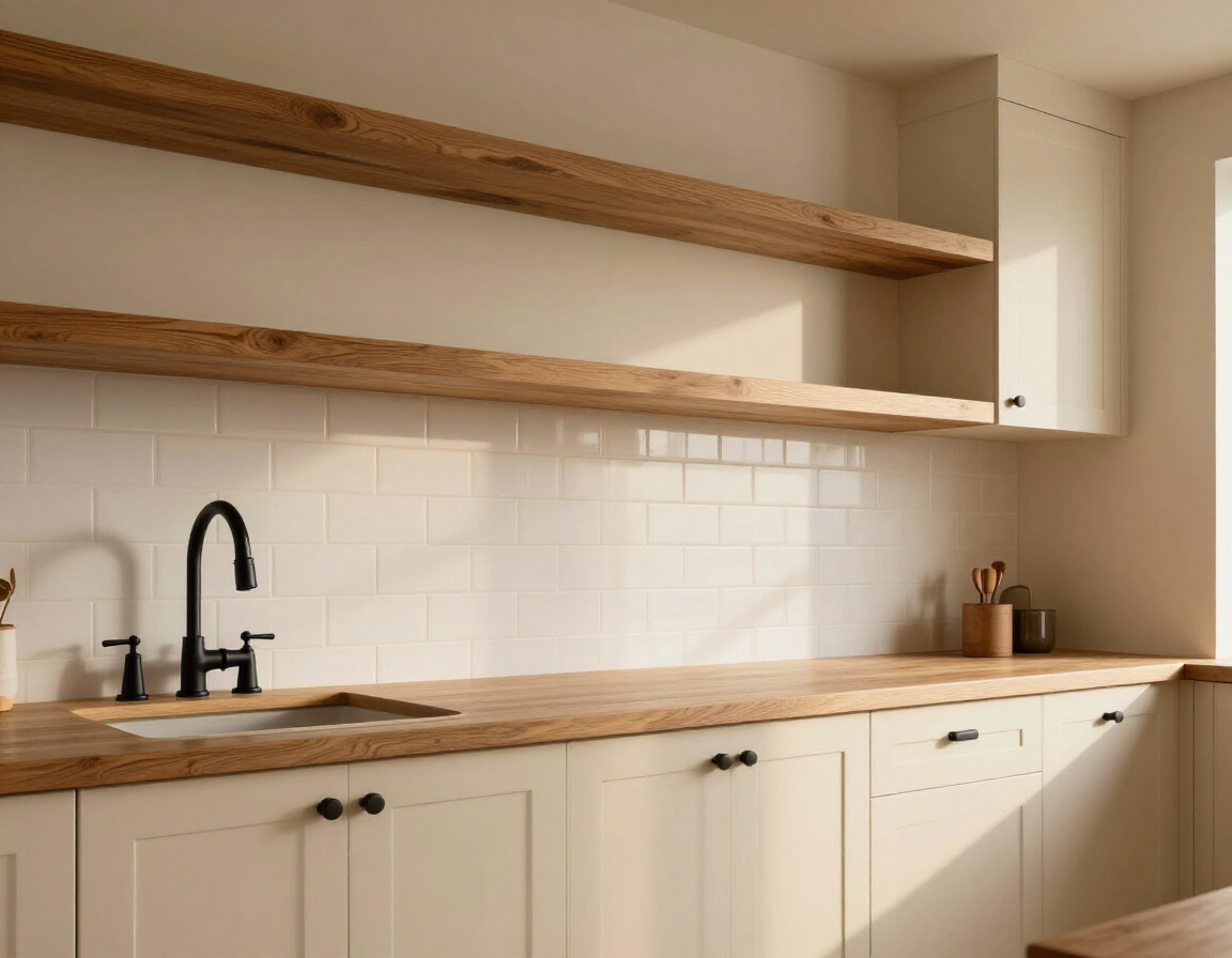 Farmhouse kitchen with cream cabinets and open shelving