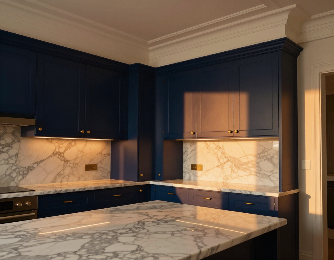 Luxury navy blue inset kitchen with gold hardware