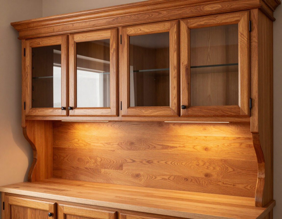 Traditional warm wood kitchen with glass-front uppers