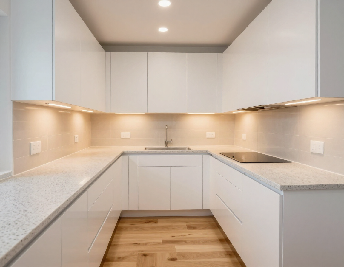Bright contractor-spec white galley kitchen