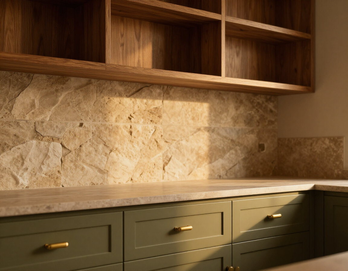 Olive green accent kitchen with brass hardware