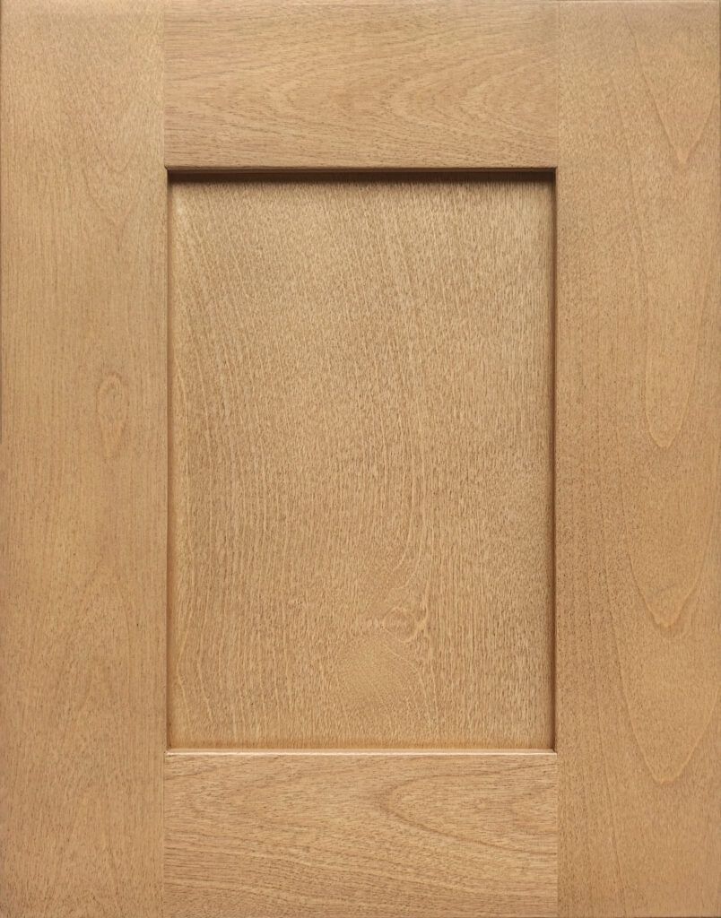 Wooden cabinet door with a recessed rectangular panel and natural wood grain.