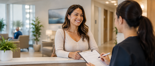 Smiling woman at a reception desk speaking with a clerk holding a clipboard in a bright lobby