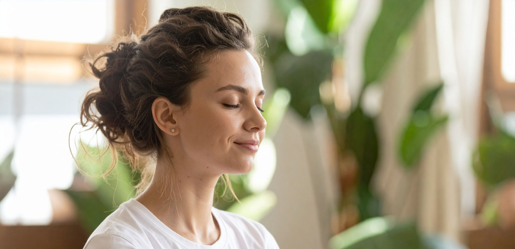 Woman meditating in a sunlit room with houseplants in the background