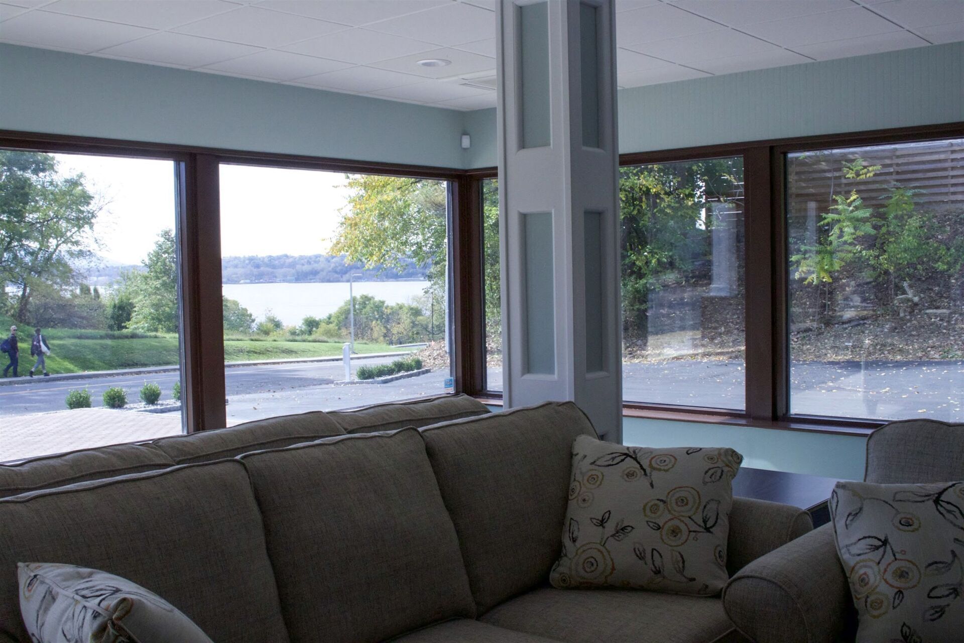 funeral home facility room with grey sofa