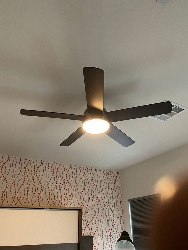Ceiling fan with light in a bedroom. Black blades, white ceiling, patterned wallpaper.