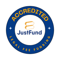 JustFund accredited legal fee funding logo in blue and gold circular badge