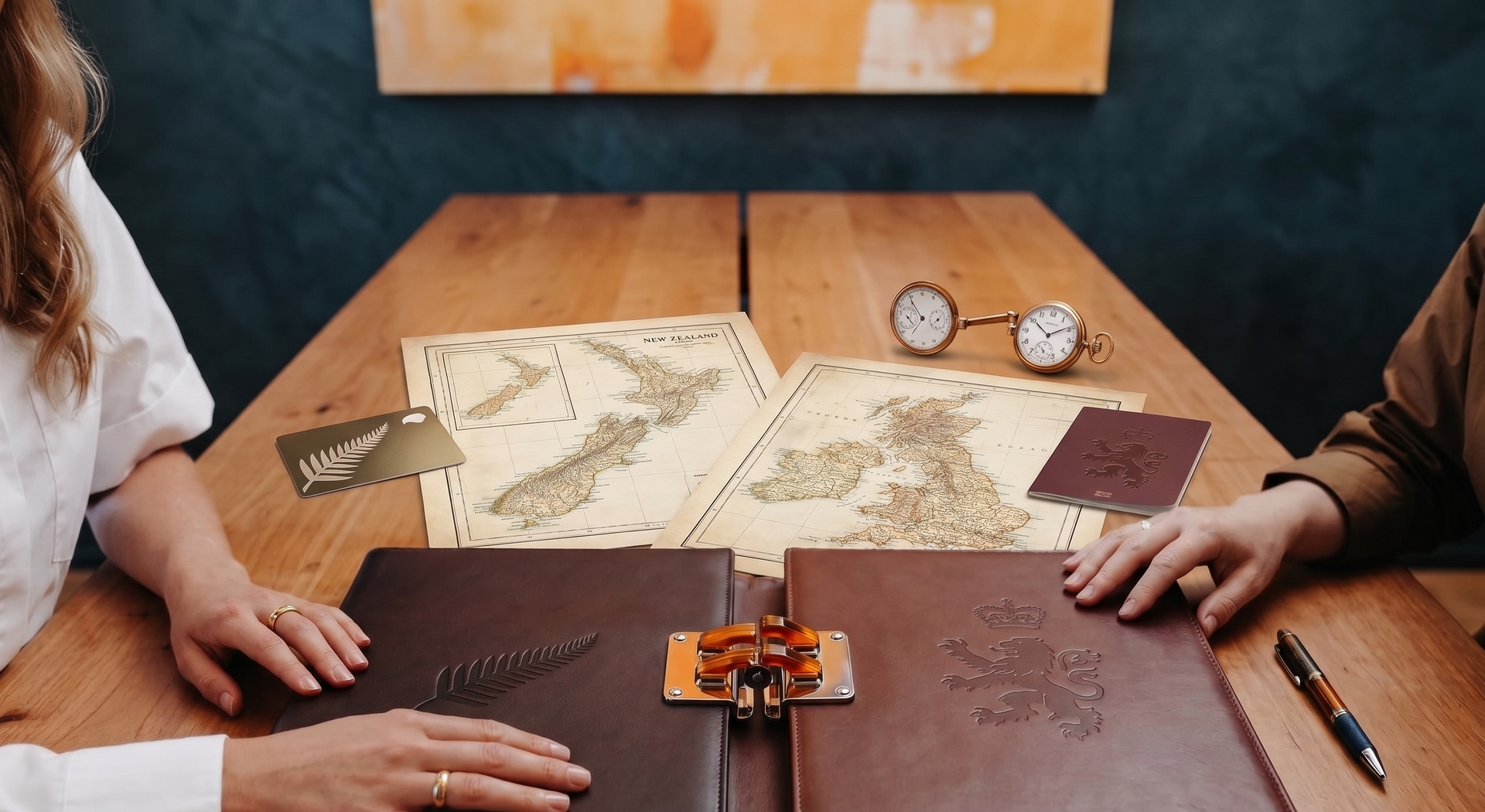 Man and woman at table with nz and uk map.