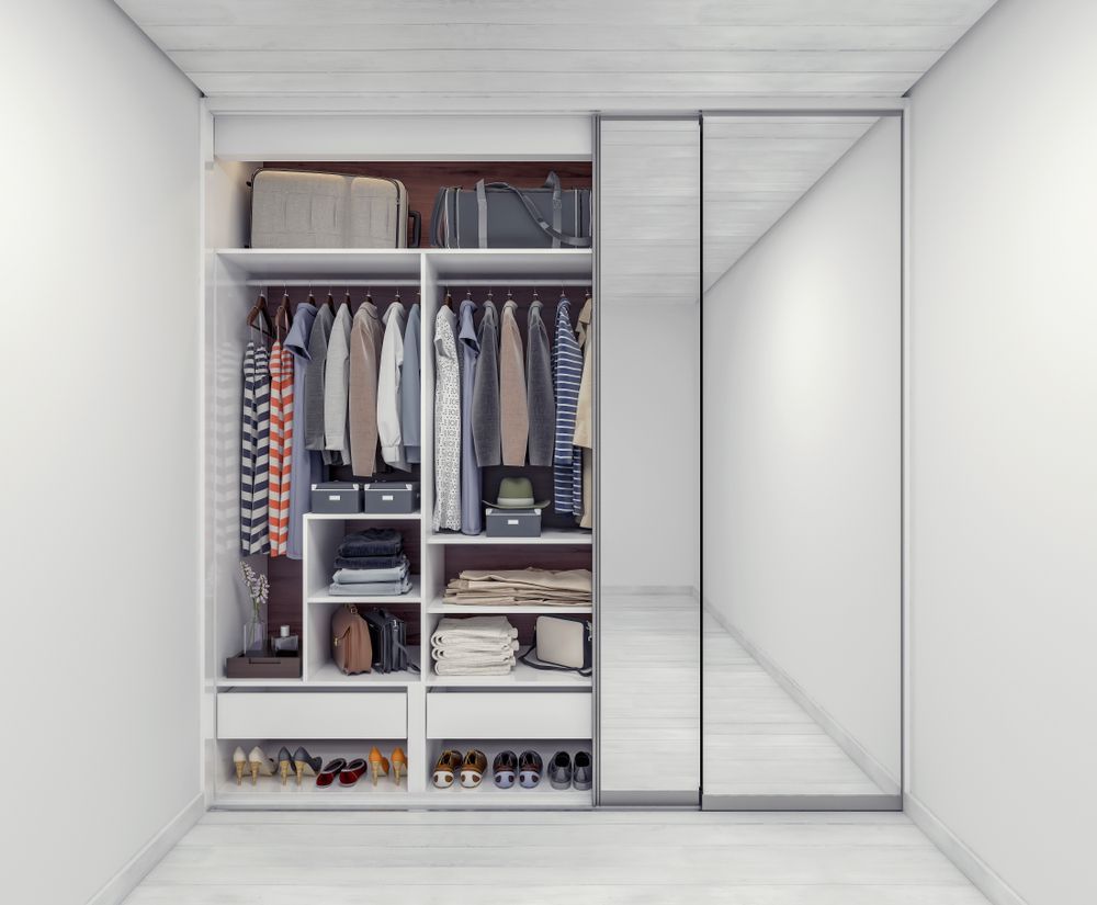 A 3D Rendering of a Closet With Sliding Doors and a Mirror — Whitsunday Architectural Windows & Doors in Proserpine, QLD