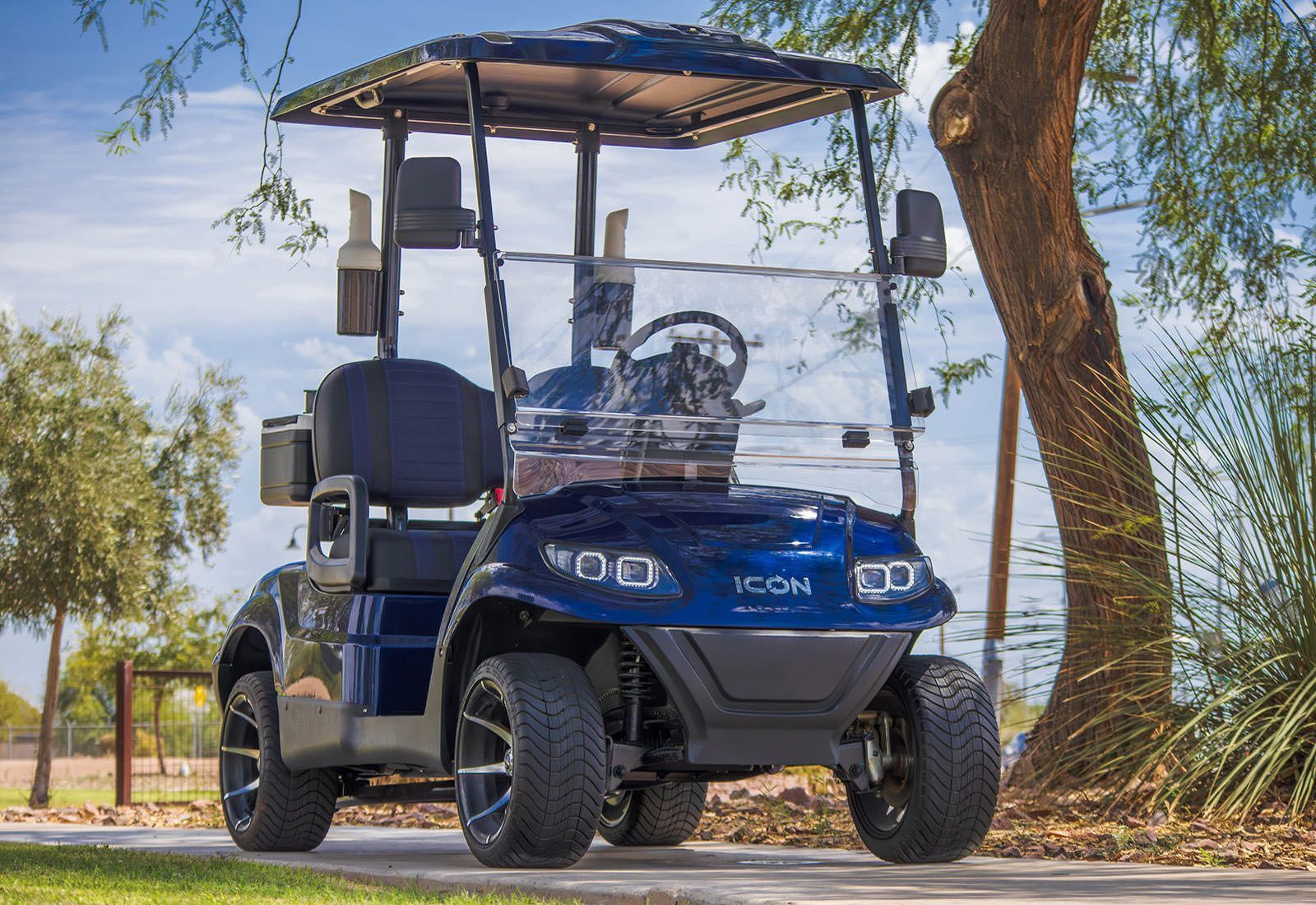 Blue golf cart with canopy and windshield, parked on a path near a tree and a field.