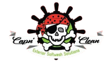 Logo for Capn' Clean: A skull wearing a red pirate bandana and eye patch inside a black ship's wheel with green accents.