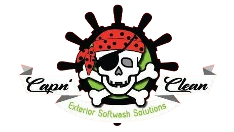 Logo for Capn' Clean: A skull wearing a red pirate bandana and eye patch inside a black ship's wheel with green accents.