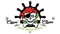Logo for Capn' Clean: A skull wearing a red pirate bandana and eye patch inside a black ship's wheel with green accents.