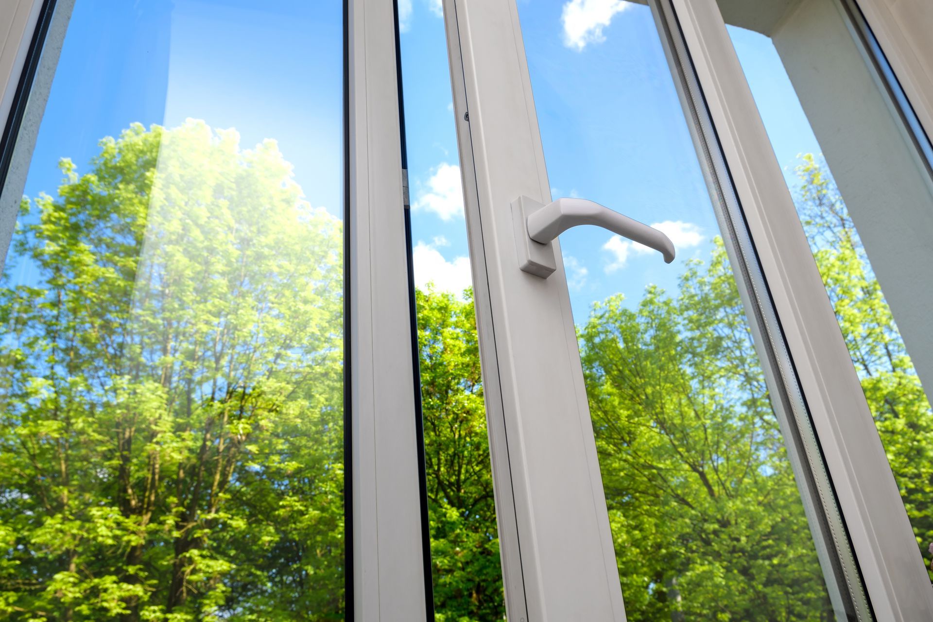 A bright view of lush green trees and a blue sky seen through a modern white-framed window.