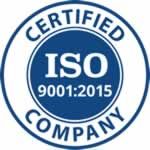 Blue circular ISO 9001:2015 certified company seal with white text