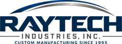Raytech Industries logo with blue globe and green swoosh; tagline “Custom Manufacturing Since 1995”