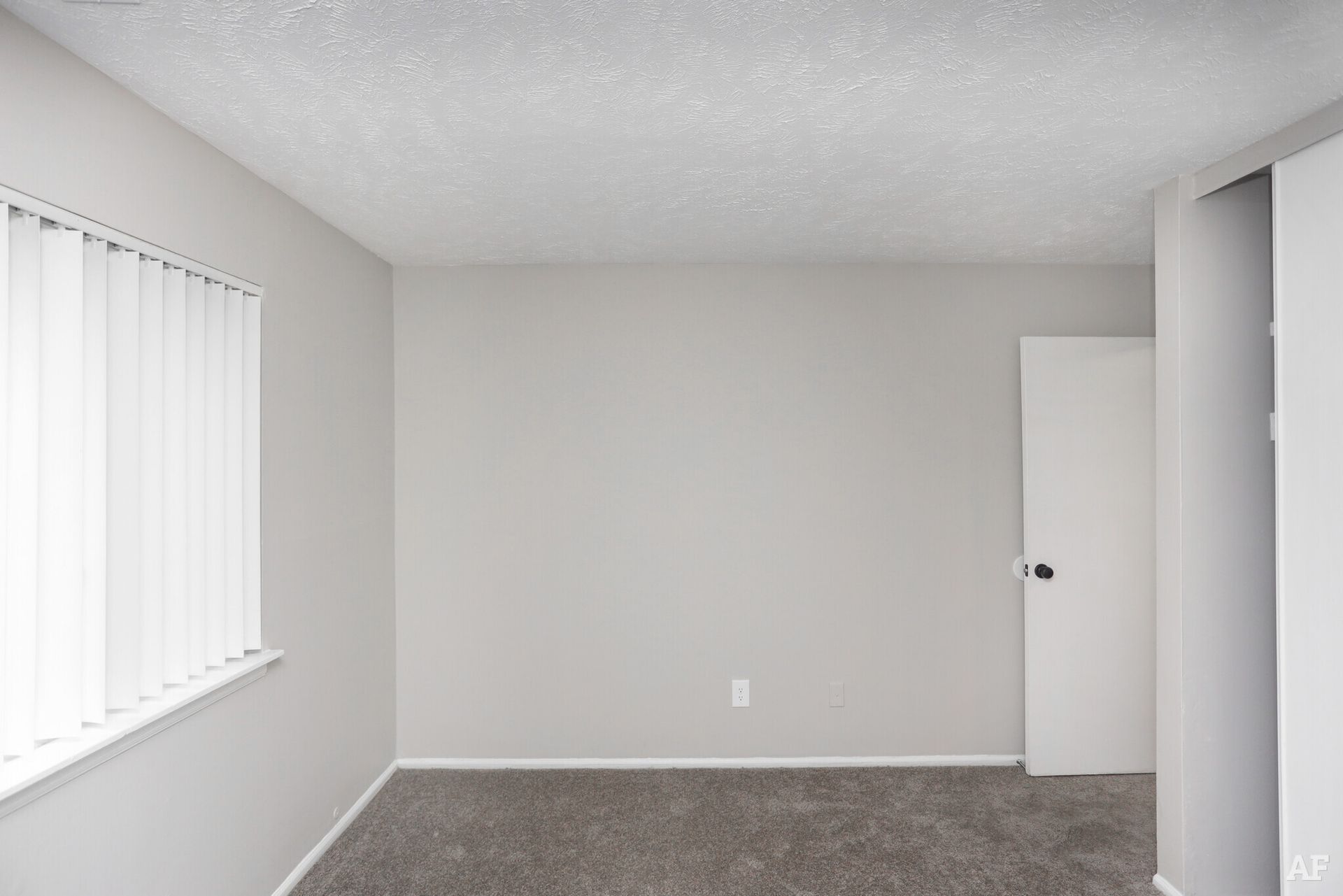 Empty room with gray walls, window with blinds, door, and gray carpet.
