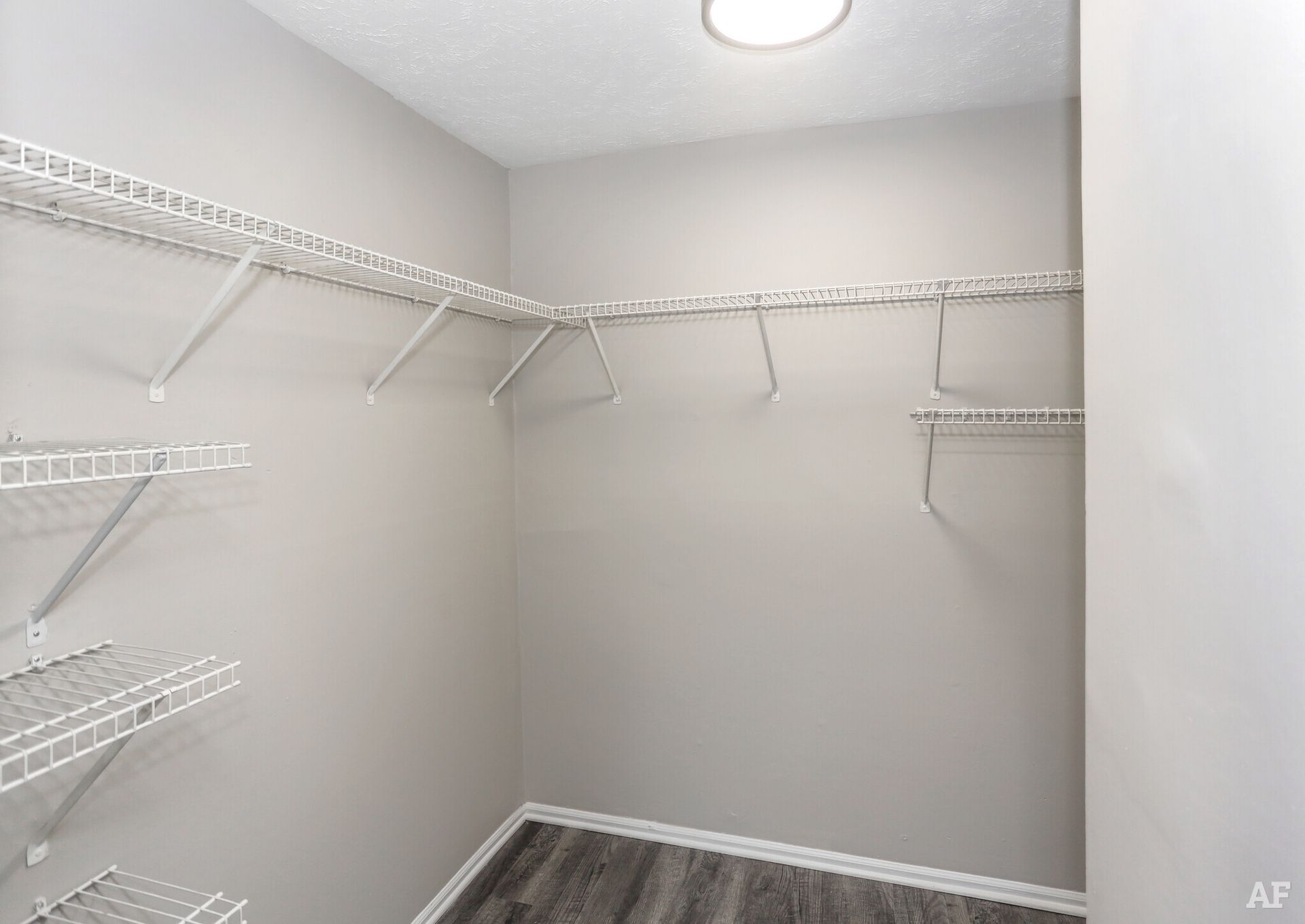 Empty walk-in closet with white wire shelving, grey walls, and dark wood-look floor.
