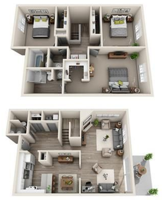 Floor plan showing a two-story apartment with bedrooms, bathrooms, kitchen, living room, and balcony.