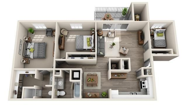 Top-down floor plan of an apartment with 3 bedrooms, living room, kitchen, and balcony.