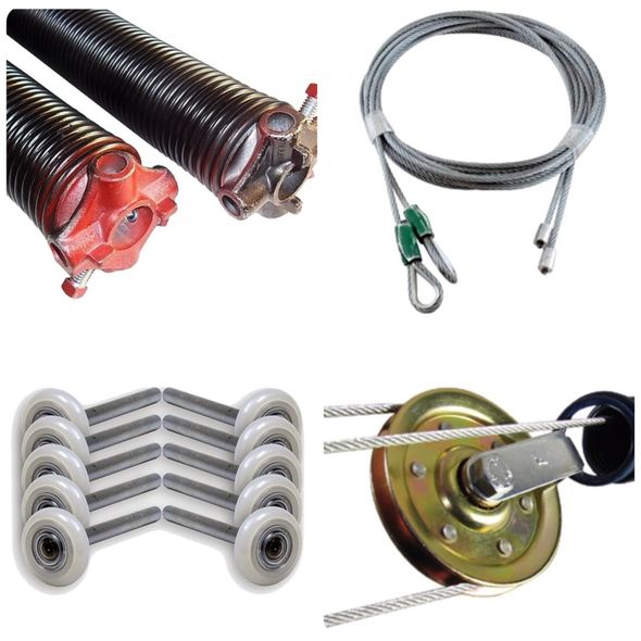Maintenance Garage door repair parts: springs, cables, rollers, and pulleys.