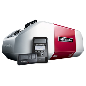 LiftMaster garage door opener with remote control and keypad. White and red.