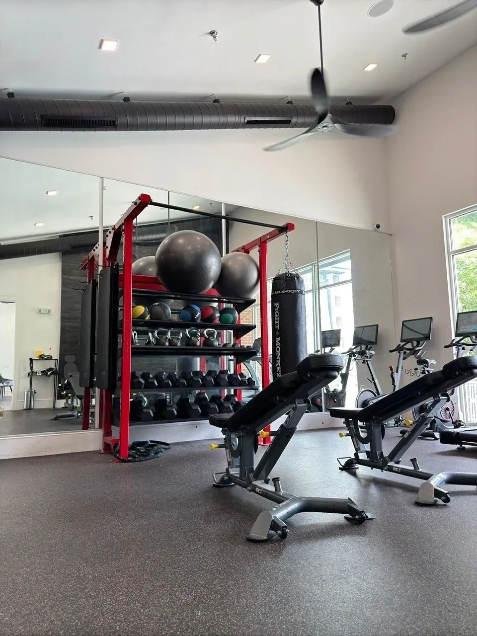 Gym with weight benches, dumbbells, medicine balls, and punching bag.