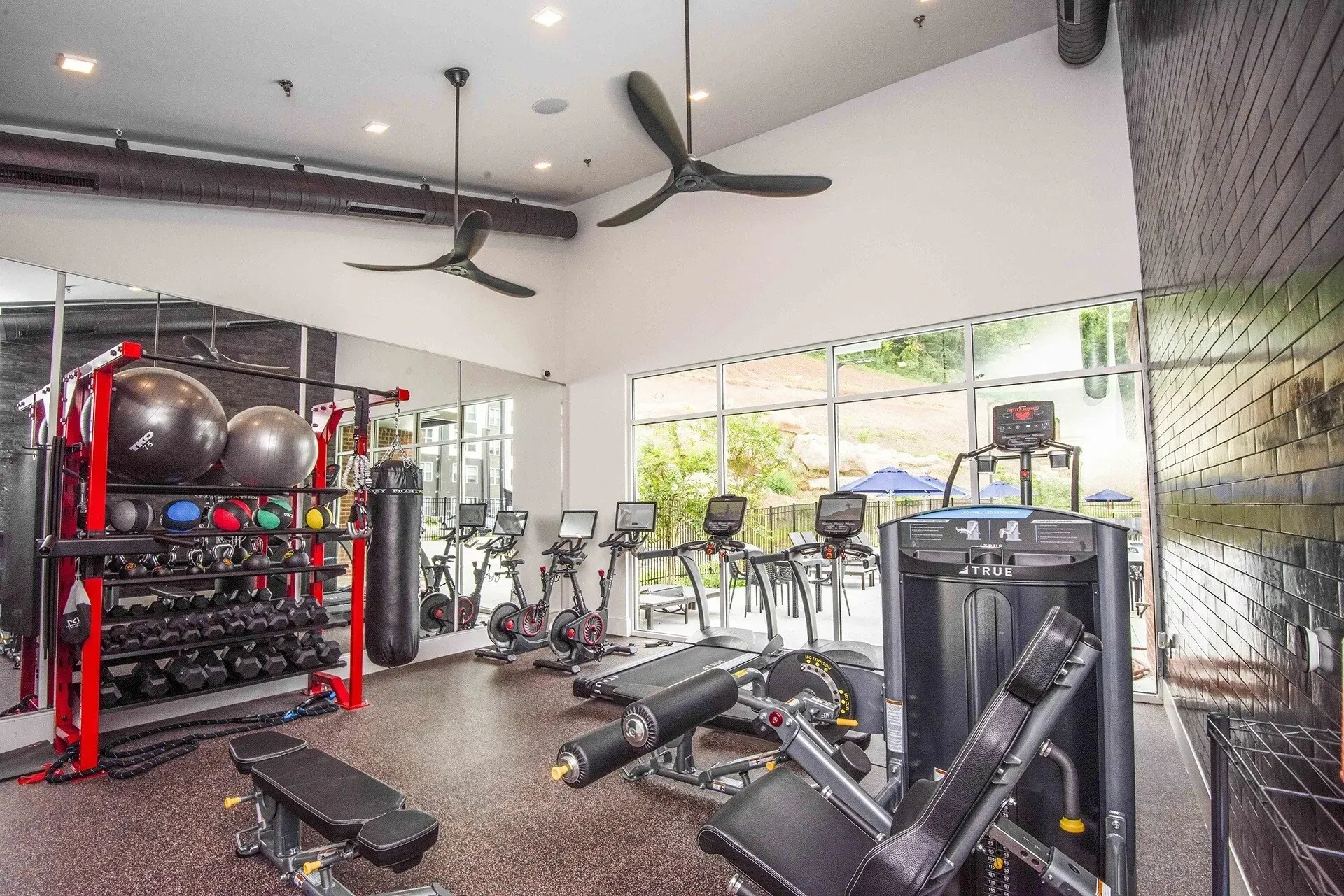 Fully-equipped fitness center with treadmills, ellipticals, weight machines, free weights, and punching bag.