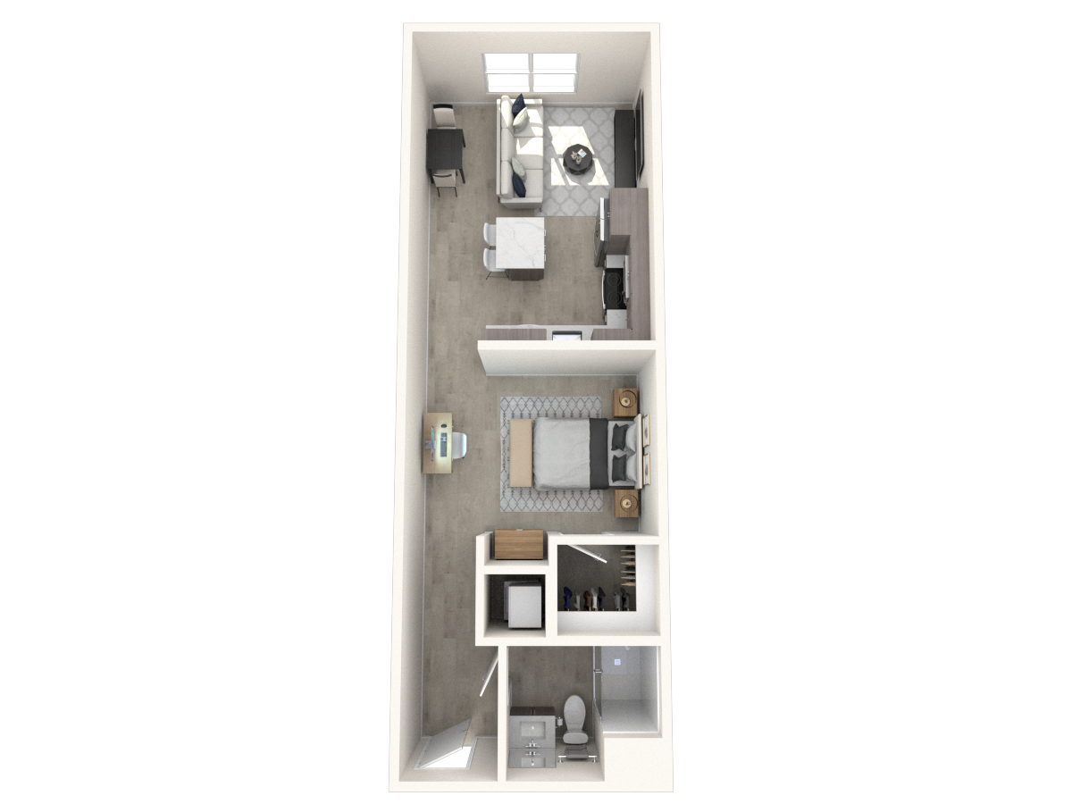 Floor plan of a studio apartment, showing a living area, kitchen, bedroom, and bathroom.