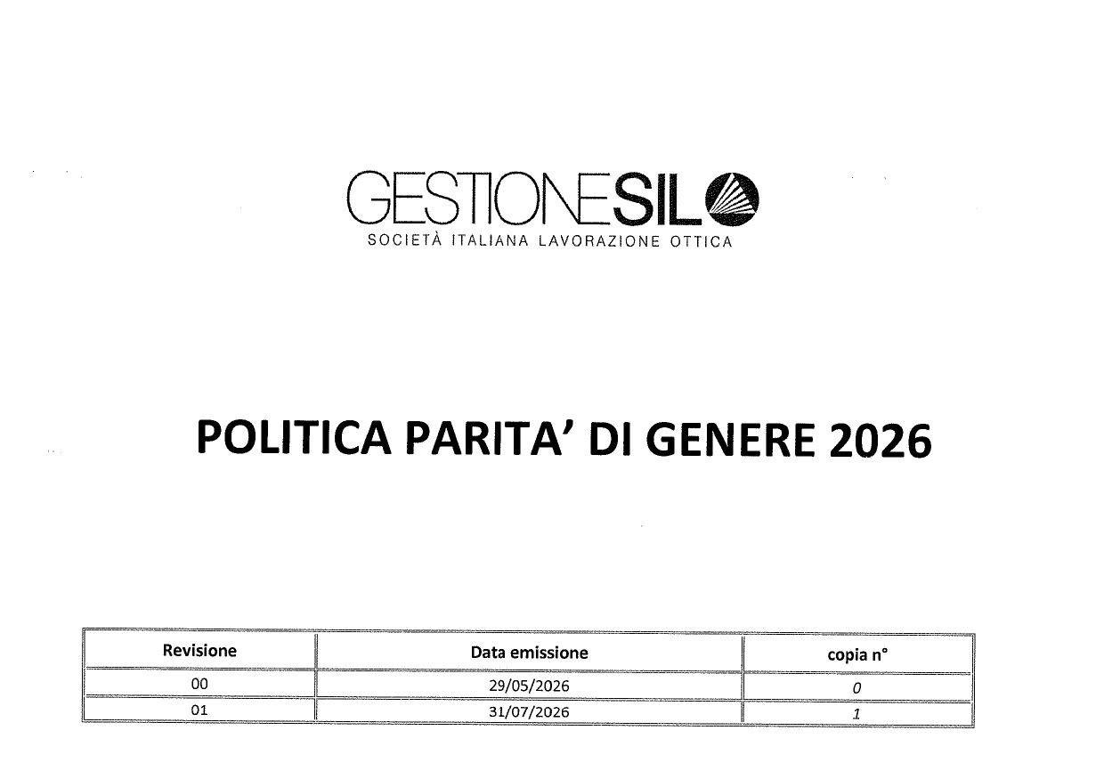 Copertina di “Politica Parità di Genere 2026” con il logo Gestionesil su sfondo bianco.