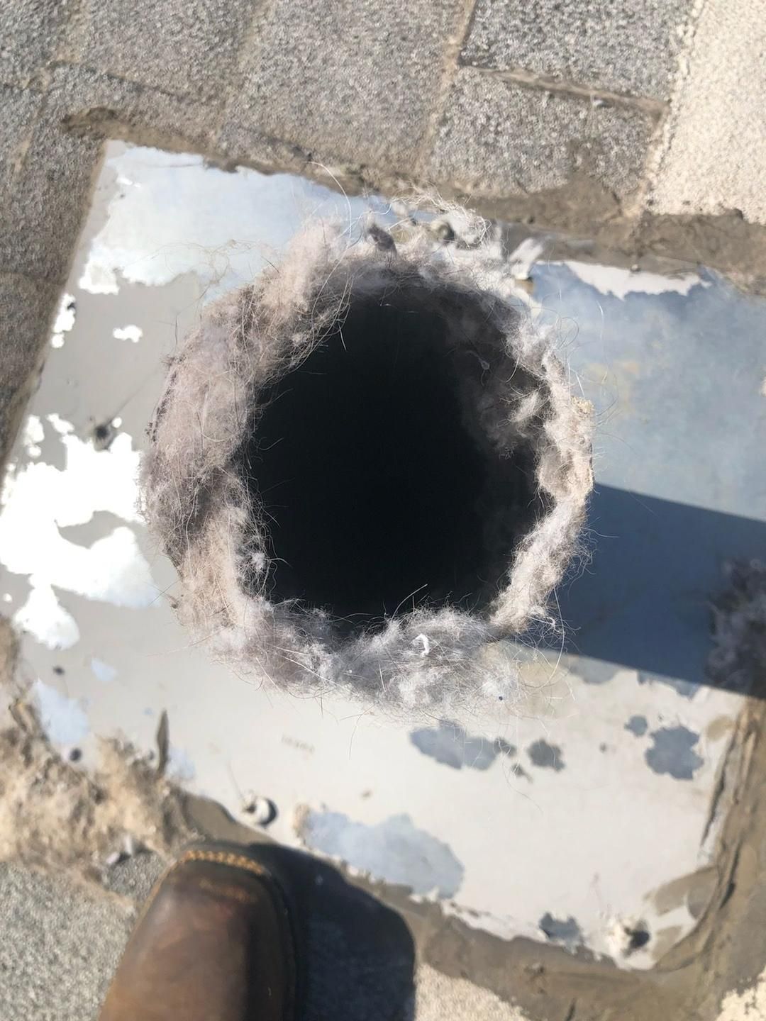 Square metal plate with a large circular hole in pavement, with a shoe visible at the bottom edge