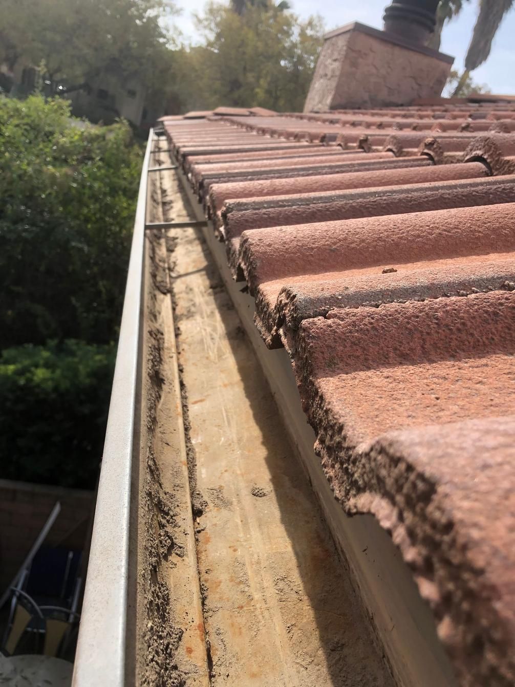 Close-up of a terracotta tiled roof edge with guttering and trees in the background