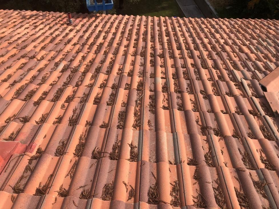 Rows of orange terracotta roof tiles viewed from above, with a small blue opening at the top edge.