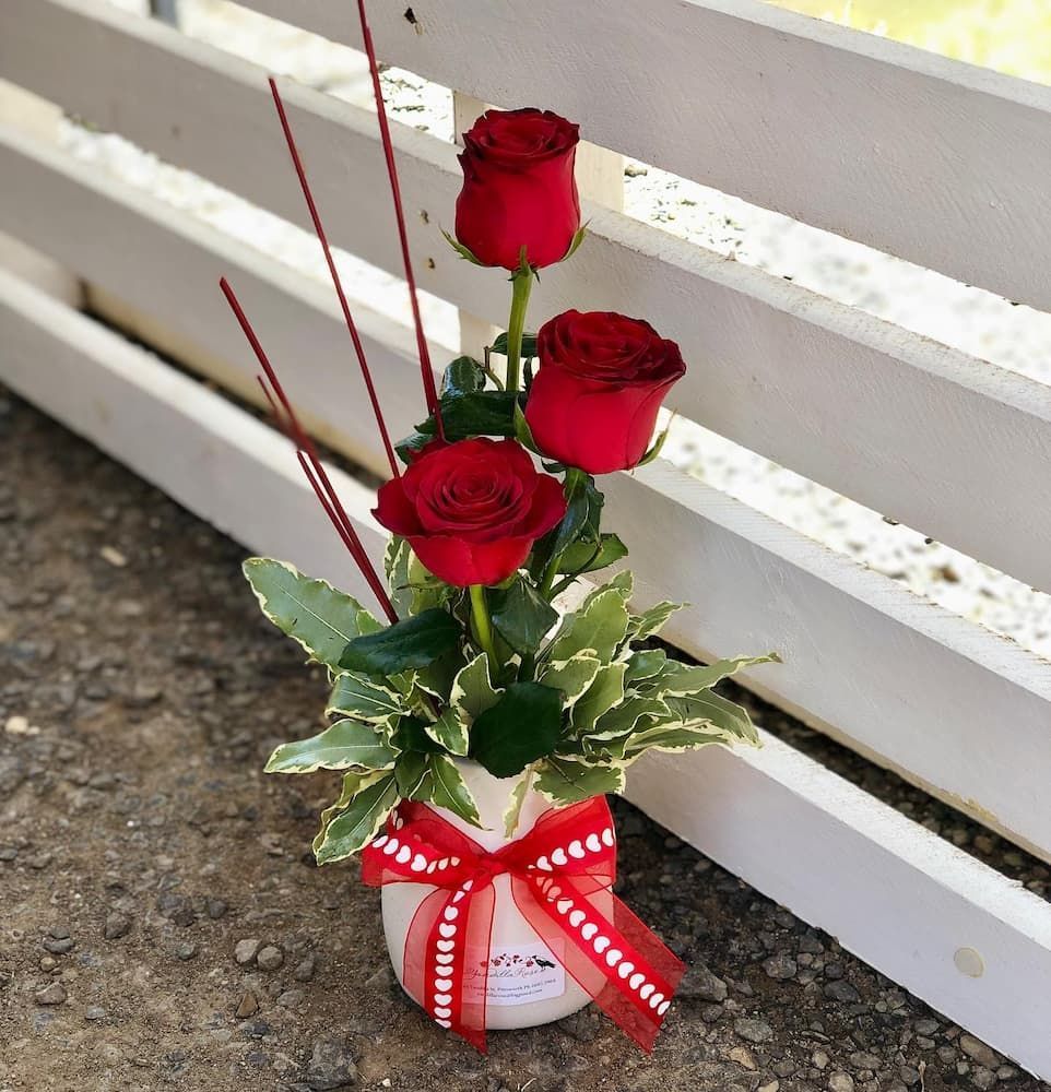 Three Red Roses In A Vase With A Red Ribbon — Clover Country Flowers and Gifts In Pittsworth, QLD
