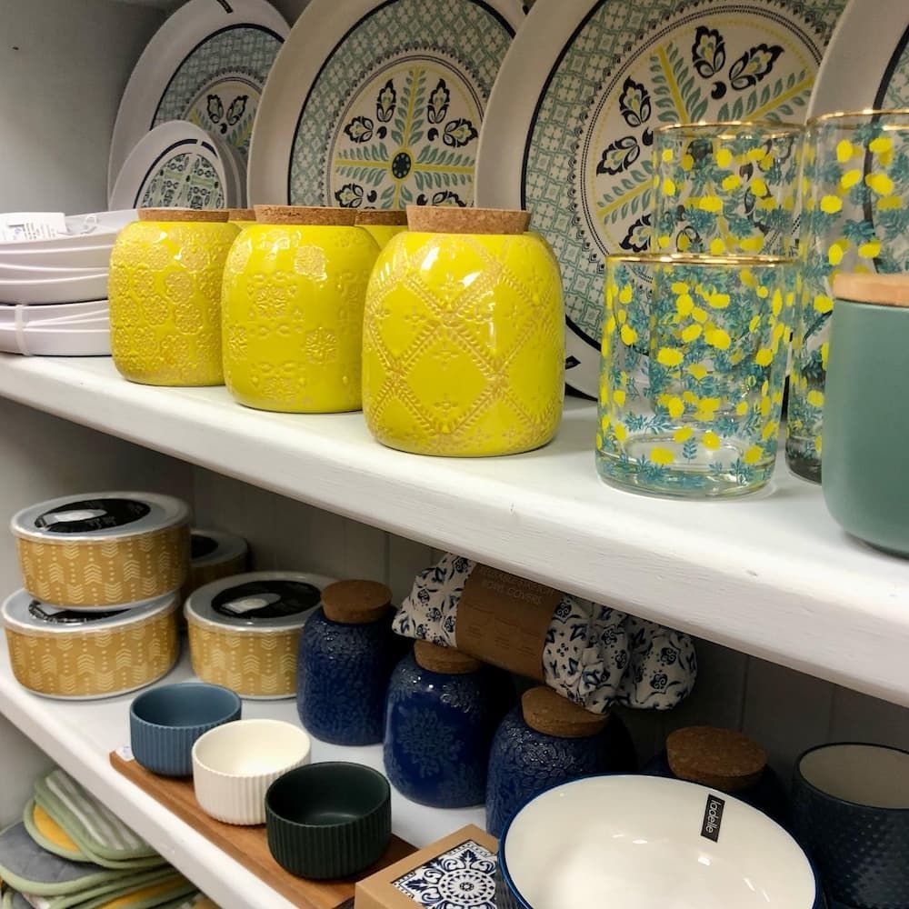 A Shelf Filled With Plates, Bowls, Jars And Glasses — Clover Country Flowers and Gifts In Pittsworth, QLD