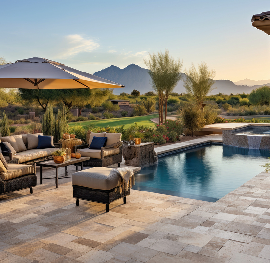 Pool steps with blue and iridescent mosaic tiles submerged in clear water.