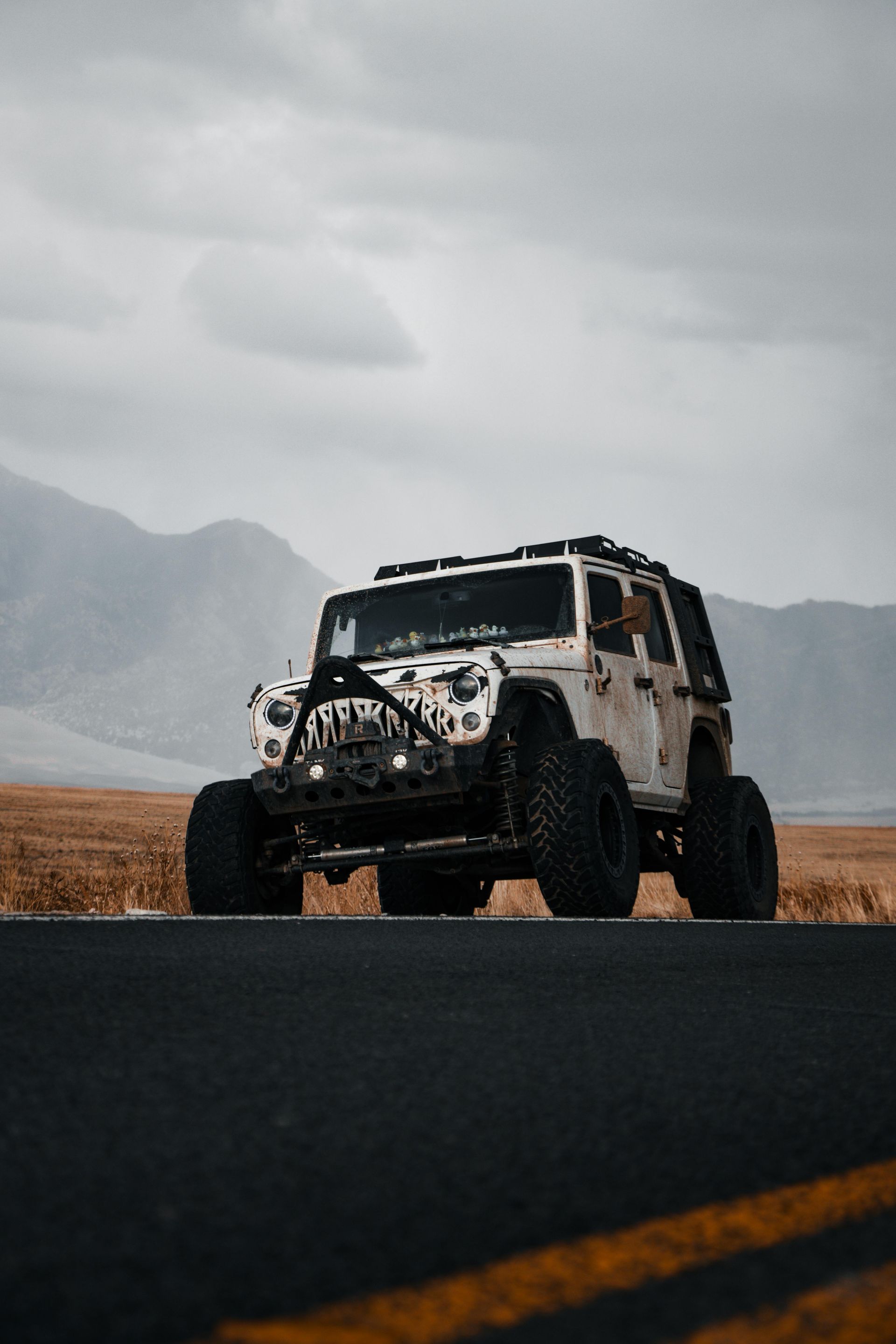 Off-road Jeep on a desert road with mountains in the background under a cloudy sky
