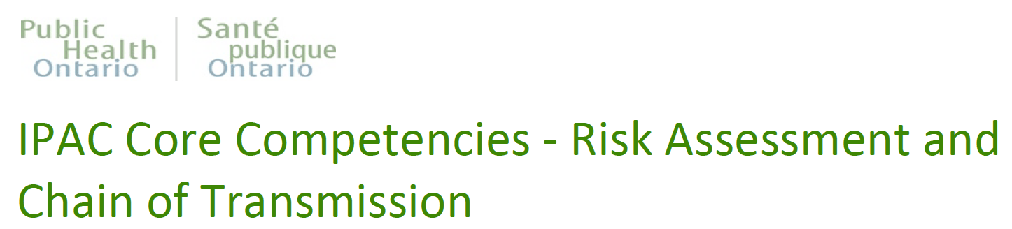 A logo for public health ontario that says ' ipac core competencies risk assessment and chain of transmission '